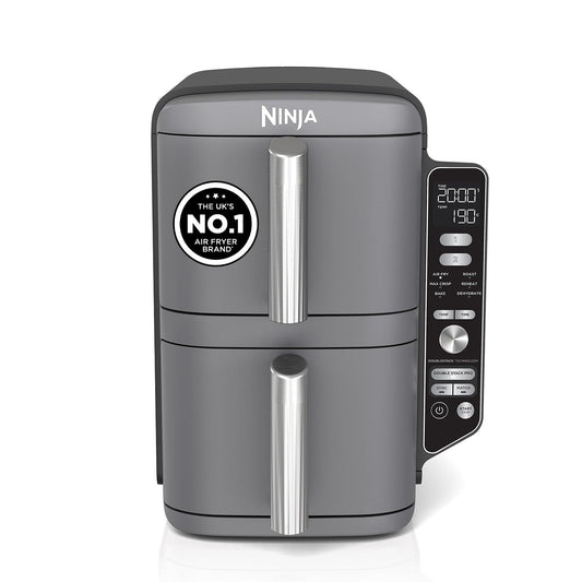 Ninja Double Stack XL Air Fryer, Vertical Dual Drawer AirFryer with 4 cooking levels, 2 Drawers and 2 Racks, Space Saving Design, 9.5L Capacity, 6 Cooking Functions, 8 Portions, Grey, SL400UK