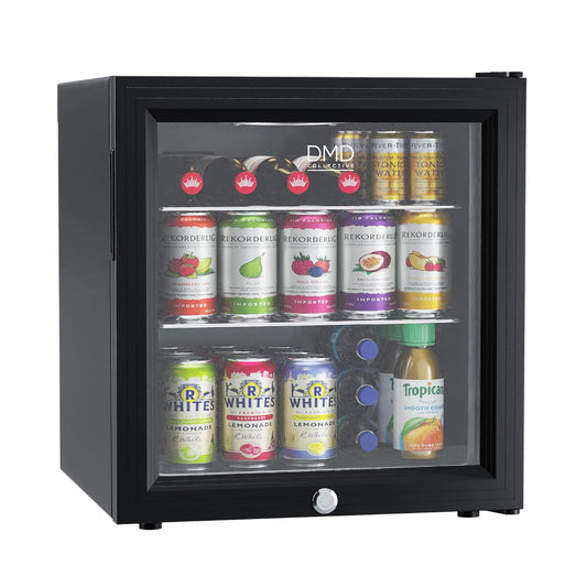 DMD Collective – Glass Mini Fridge, 50L Beer, Wine & Drink Chiller with LED Light, With Lock + Key, Countertop Fridge with Reversible Door, Mini Bar For Bedroom, Office, Kitchen, Home