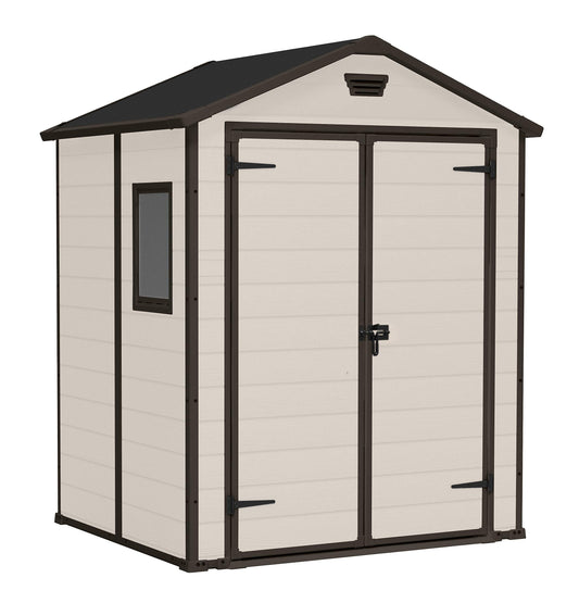 Keter, Manor Apex 6 x 5 ft Outdoor Garden Storage Shed, elegant wood-effect double door design for easy access, durable fade-free resin with window and floor panel for secure storage, Beige and Brown